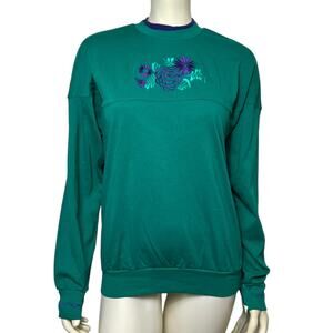 Gloria Vanderbilt Teal Sweatshirt Size M Floral Embroidered